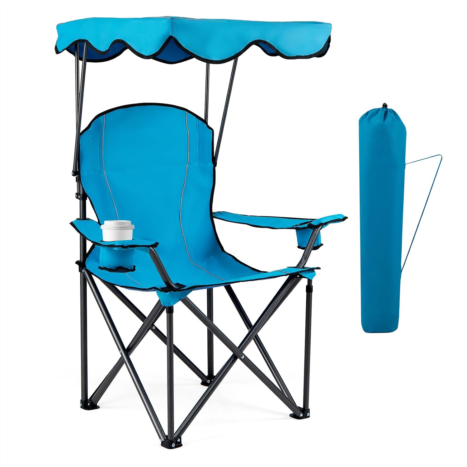 Goplus Camping Chair with Canopy Shade, Folding Lawn Chair with Umbrella Cup Holder & Carry Bag, Portable Sunshade Chair for Adults for Beach Outdoor Travel Hiking Fishing (Light Blue)