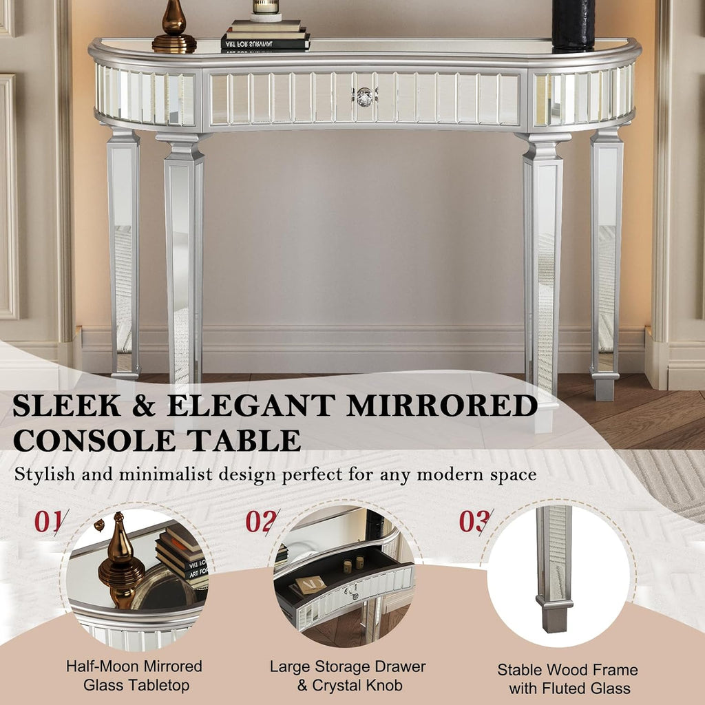 Half-Moon Mirrored Sofa Table with Storage, Semi Circle Entryway Console Table with Fluted Glass & Crystal Knob Drawer,Modern Sofa Table Behind Couch for Living/Dressing Room,Hallway Foyer, Silver