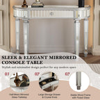 Half-Moon Mirrored Sofa Table with Storage, Semi Circle Entryway Console Table with Fluted Glass & Crystal Knob Drawer,Modern Sofa Table Behind Couch for Living/Dressing Room,Hallway Foyer, Silver