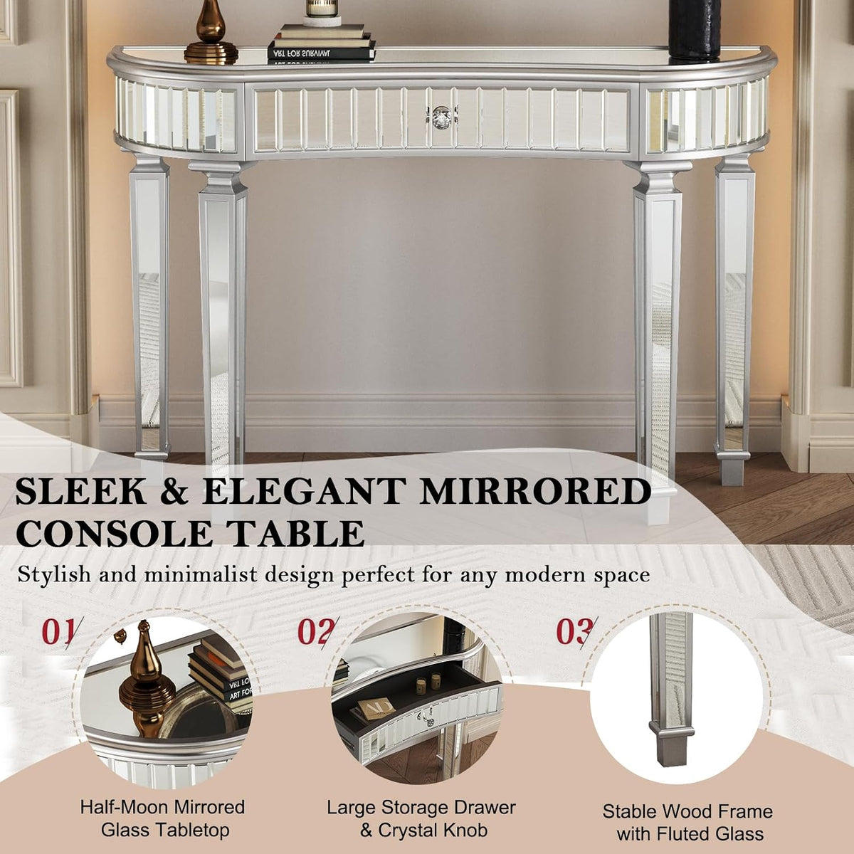Half-Moon Mirrored Sofa Table with Storage, Semi Circle Entryway Console Table with Fluted Glass & Crystal Knob Drawer,Modern Sofa Table Behind Couch for Living/Dressing Room,Hallway Foyer, Silver