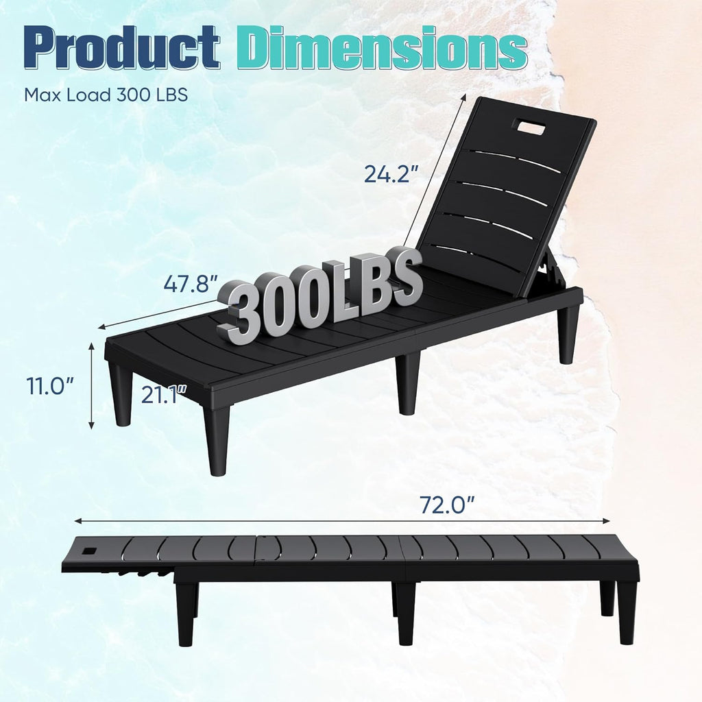 Devoko Outdoor Chaise Lounge Chair Set of 2 with 5-Position Adjustable Back, Waterproof & Lightweight PP Lounge Chairs for Outside Pool Patio (Black)