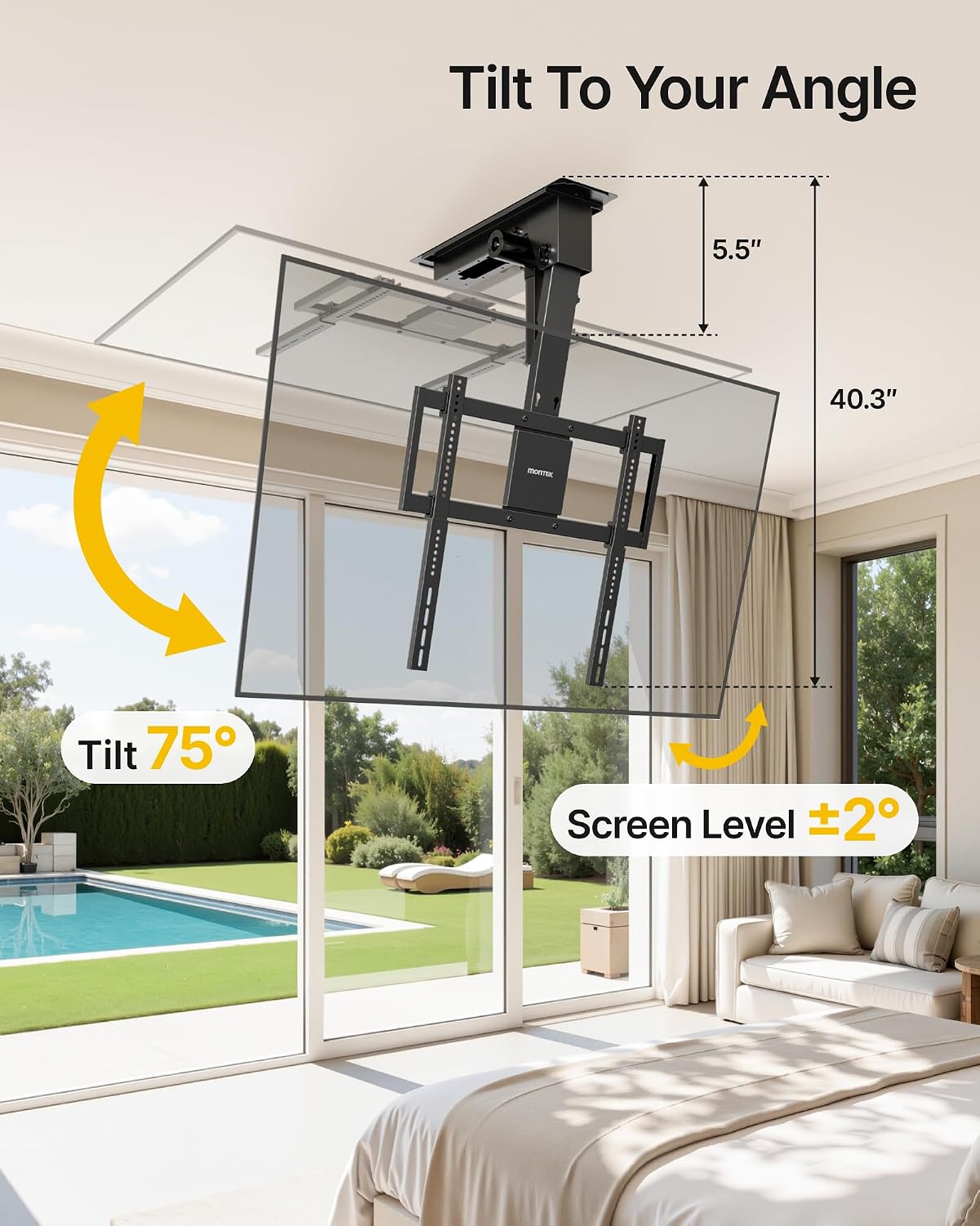 monTEK Motorized Ceiling TV Mount for 32-75 Inch TVs, Holds up to 121 lb | Lower VESA fit helps avoid ceiling contact; electric flip-down, remote/app/voice, max VESA 600x400 mm, flat/pitched ceilings
