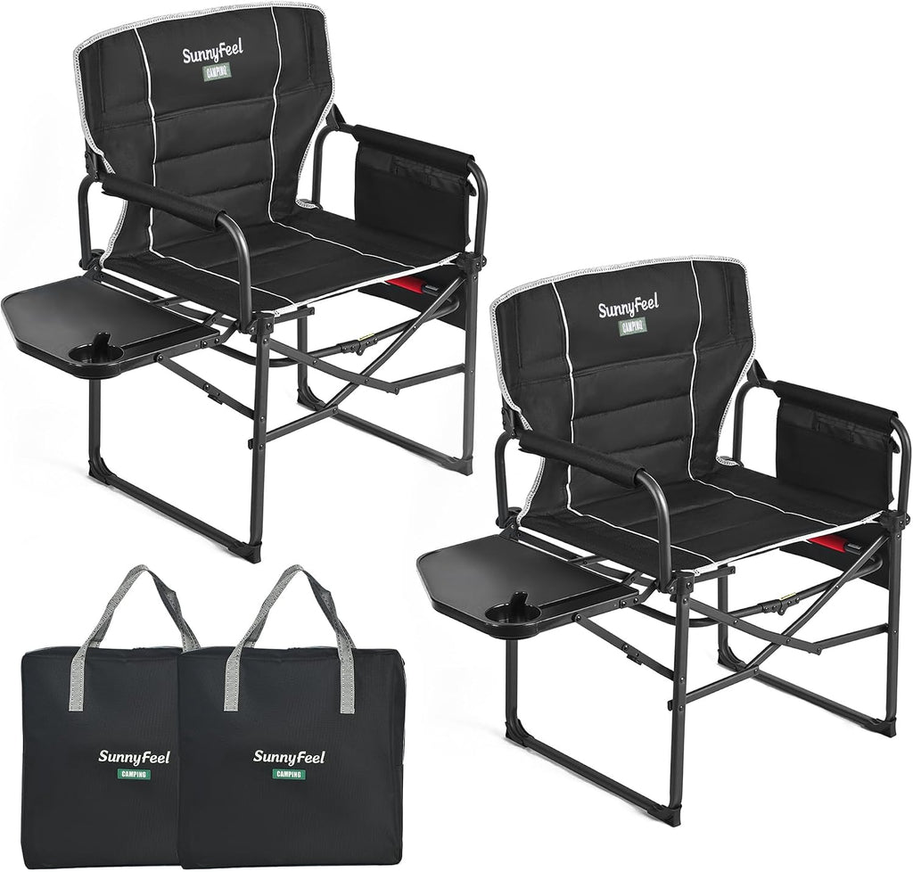 SUNNYFEEL Oversized Directors Camping Chair for Adults with Side Table | Padded Portable Folding Camp Chair Support 300LBS with Cup Holder, Side Pocket & Carry Bag, Black for Camping, RV, Lawn, Fish