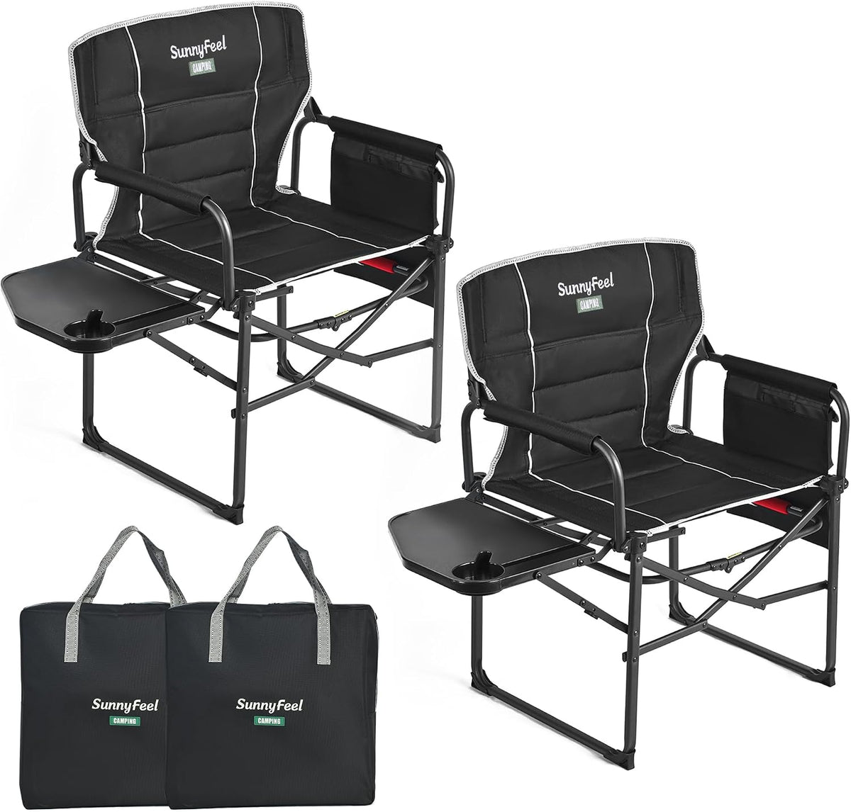 SUNNYFEEL Oversized Directors Camping Chair for Adults with Side Table | Padded Portable Folding Camp Chair Support 300LBS with Cup Holder, Side Pocket & Carry Bag, Black for Camping, RV, Lawn, Fish