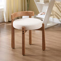 HEAH-YO Wood Vanity Chair with Back, Linen Upholstered Small Ottoman Footstool, Mid-Century Modern Makeup Chair with Solid Wood Legs for Makeup Room Bedroom Living Room, Beige