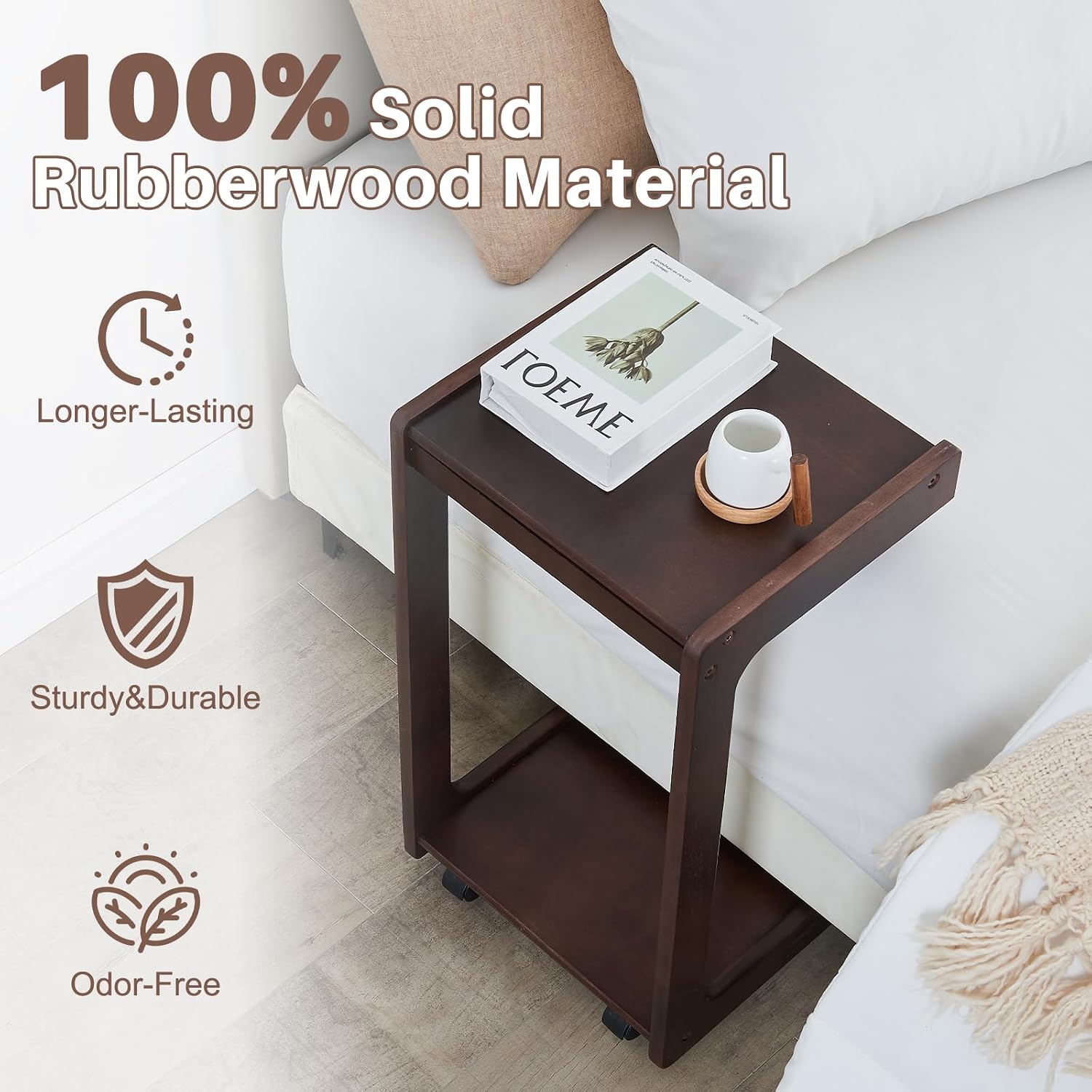 Uniclinens C Table for Sofa, Rolling Side Table with Wheels, Sofa Table with Storage, Narrow Sofa Tray, Skinny Thin Side Table, Solid Wood Slim Small Couch End Table for Living Room, Walnut