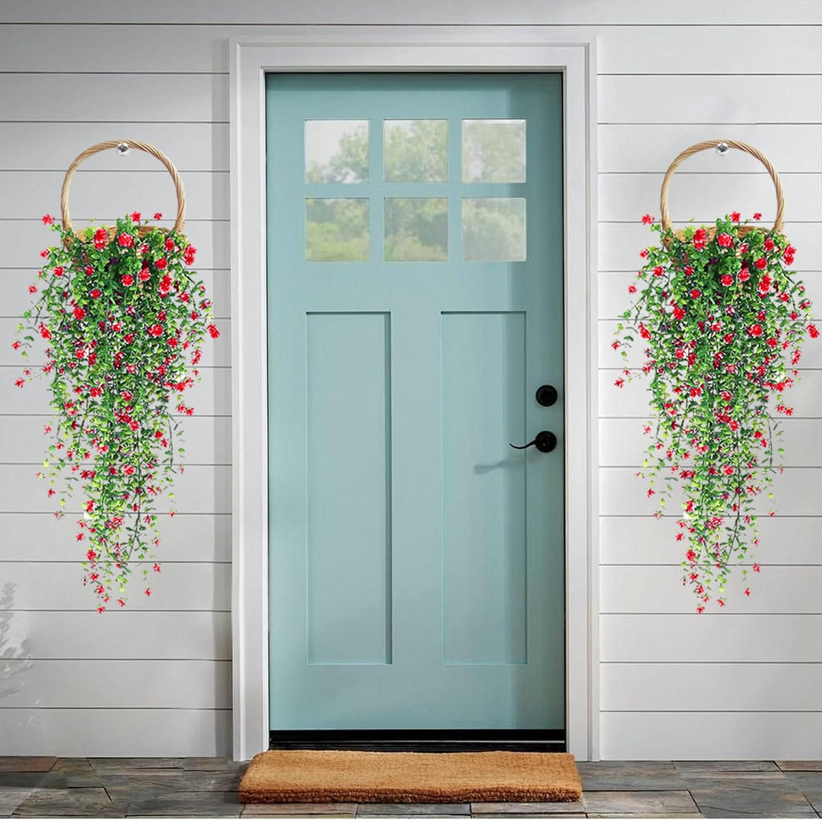 Artificial Hanging Flowers, 3 Pcs Fake Hanging Plants Artificial Vines for Outdoors, Fake Ivy Vine UV Resistant No Fade Faux Plants for Indoor Outside Garden Patio Yard Greenery Decoration (Red)