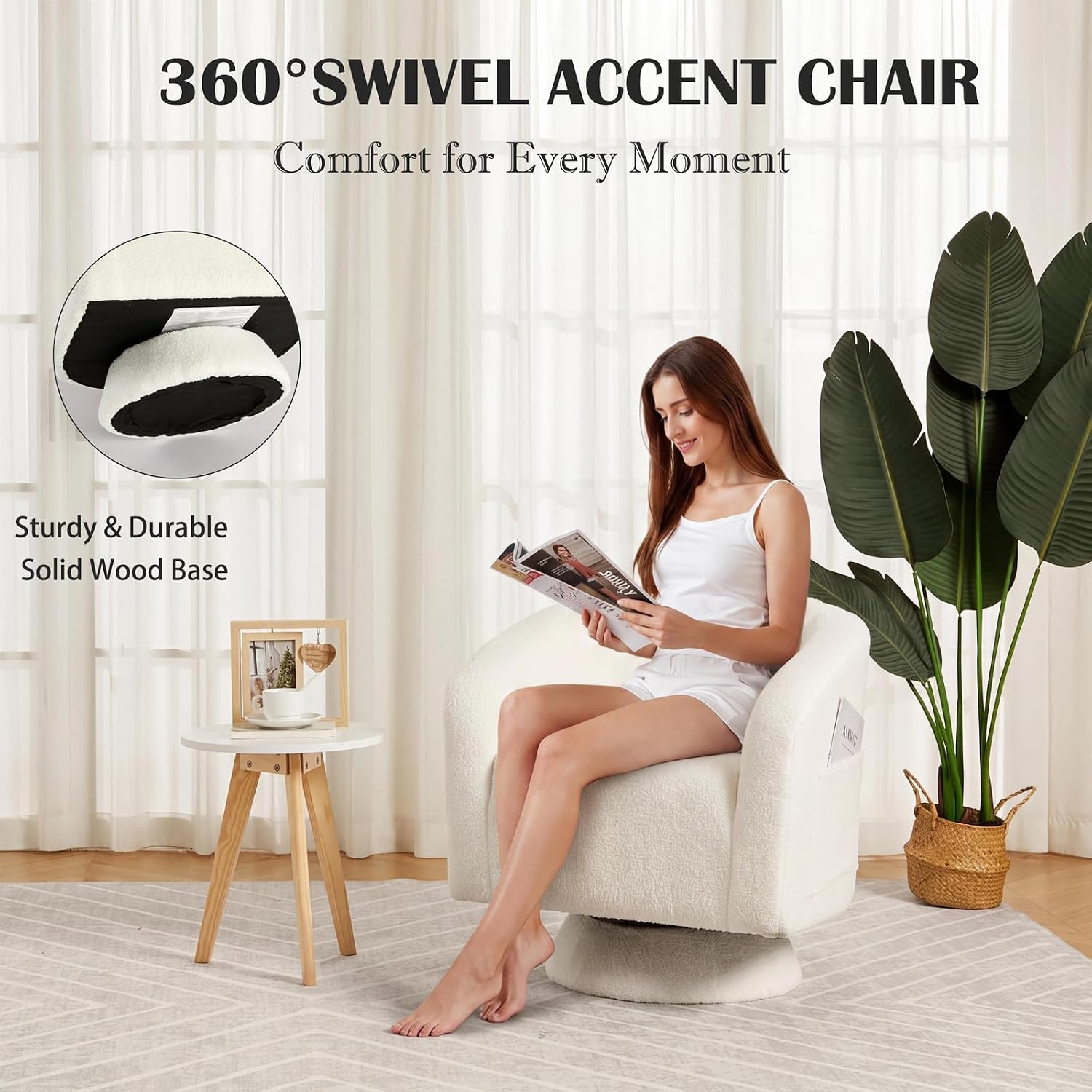 Garvee Swivel Accent Chair with Engineered Wood Base Swivel Barrel Chair | 360 Degree Comfy Boucle Armchair for Living Room Bedroom Reading Nook with Side Large Pocket
