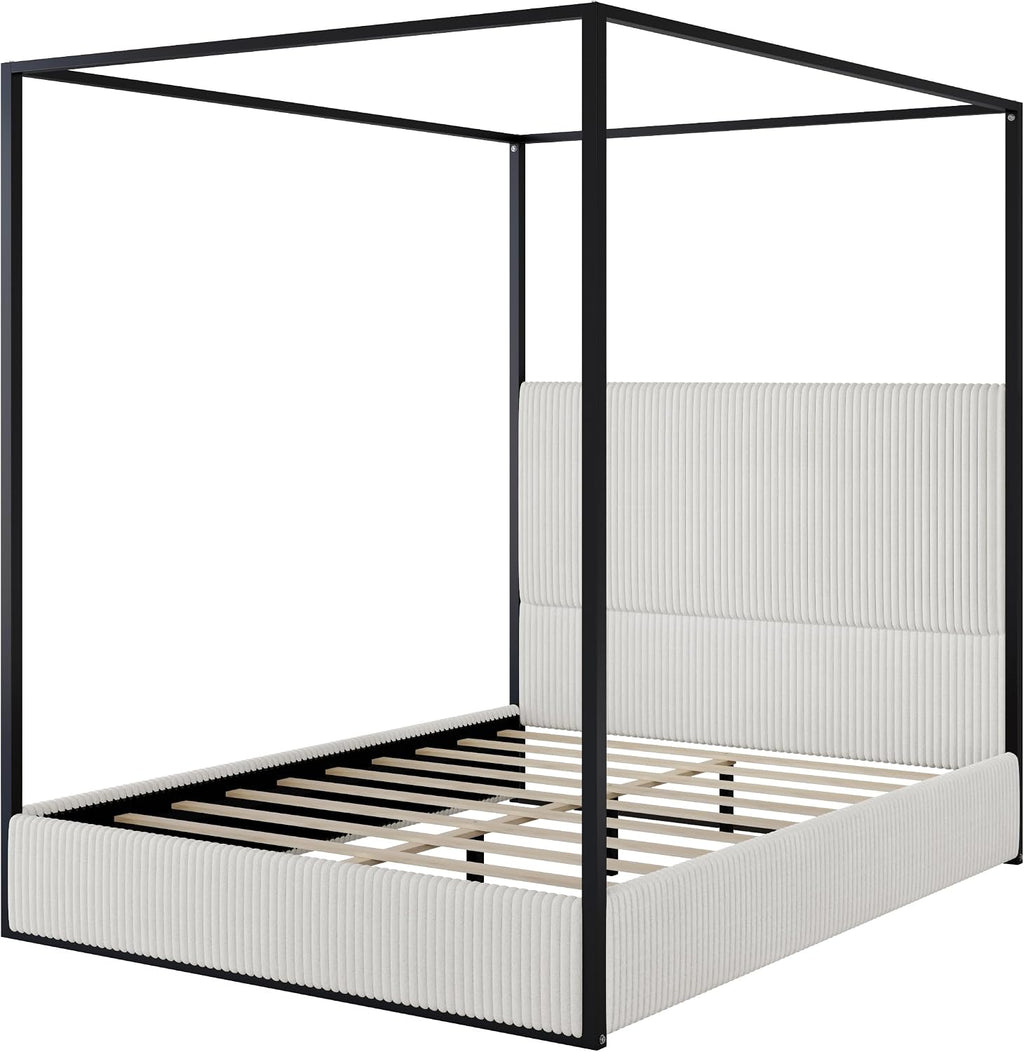 GDFStudio Modern Queen Size Luxury Metal Canopy Bed with 49.5" Velvet Upholstered Headboard, Black Four Poster Frame, Platform Bed Frame No Box Spring Needed, for Bedroom, Living Room, White