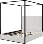 GDFStudio Modern Queen Size Luxury Metal Canopy Bed with 49.5" Velvet Upholstered Headboard, Black Four Poster Frame, Platform Bed Frame No Box Spring Needed, for Bedroom, Living Room, White