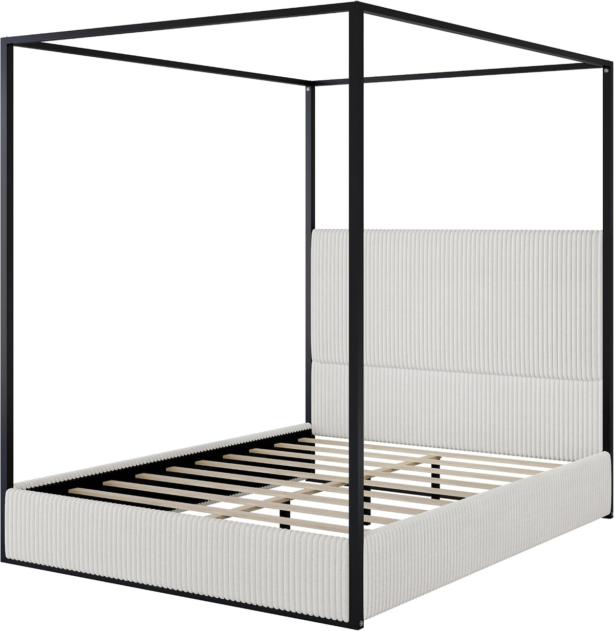 GDFStudio Modern Queen Size Luxury Metal Canopy Bed with 49.5" Velvet Upholstered Headboard, Black Four Poster Frame, Platform Bed Frame No Box Spring Needed, for Bedroom, Living Room, White