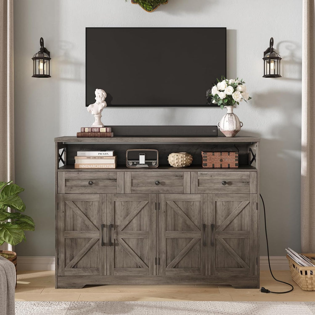Befrases Farmhouse Sideboard Buffet Cabinet, Barn Doors Storage Cabinet with Drawers and Open Shelf, 47.2'' Wood Coffee Bar Microwave Station for Kitchen, Living Room, Hallway, Grey