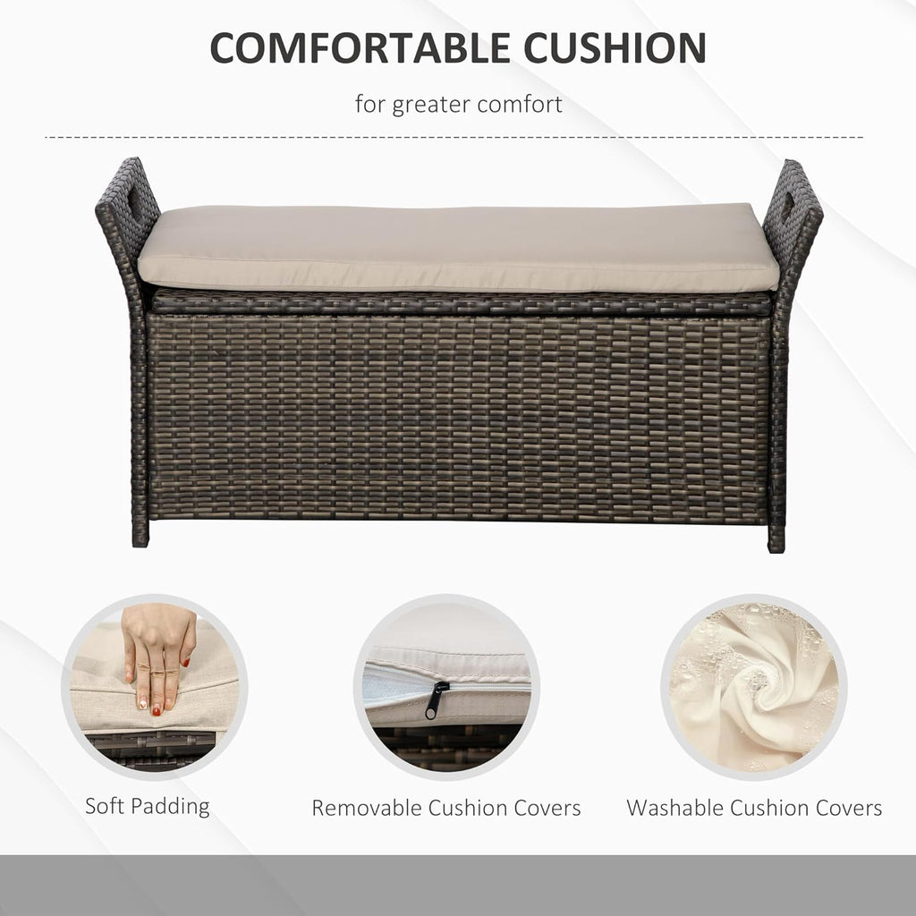 27 Gallon Patio Wicker Storage Bench, Outdoor PE Rattan Patio Furniture, 2 in 1 Large Capacity Rectangle Garden Storage Box with Handles and Cushion, Cream White