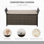 27 Gallon Patio Wicker Storage Bench, Outdoor PE Rattan Patio Furniture, 2 in 1 Large Capacity Rectangle Garden Storage Box with Handles and Cushion, Cream White