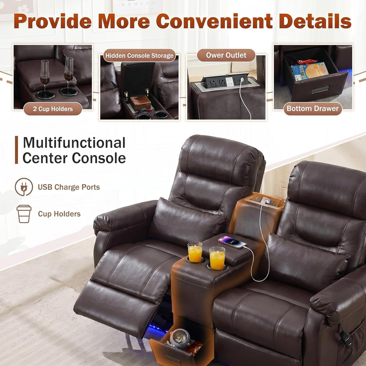 MANBUR Dual Power Lift Recliner Loveseat for Elderly, 2-Seat Electric Recliner Sofa with Massage & Heat, Double Reclining Seating w/Cup Holders, USB Charging, Faux Leather Brown
