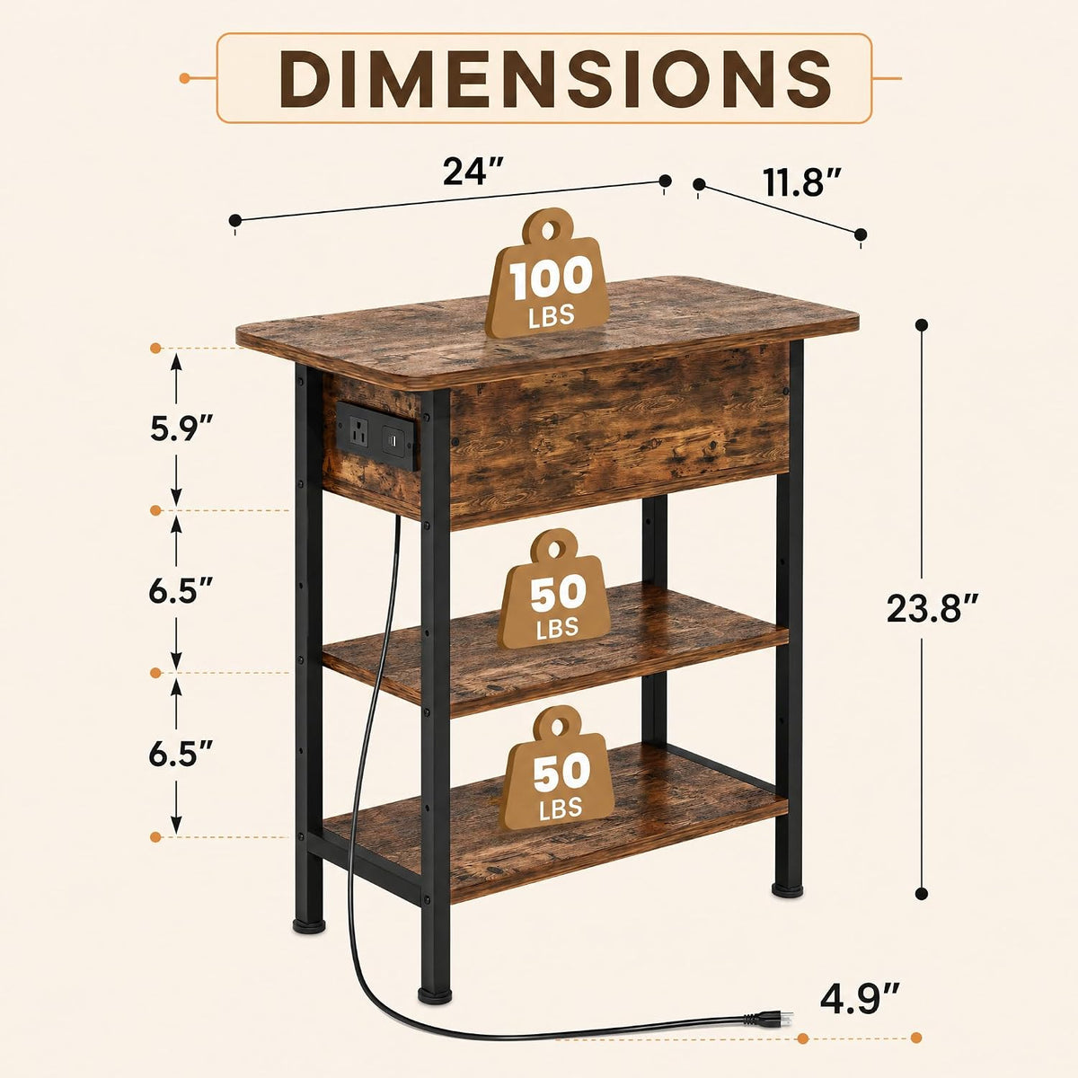 GRUSIGN End Table with Charging Station, Flip Top Side Table with USB Ports and Outlets, 3-Tier Small Side Table with Storage for Small Space, End Tables for Living Room/Bedroom, Rustic Brown