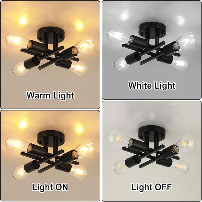 WILON Semi Flush Mount Ceiling Light Fixture, 4-Light Industrial Black Ceiling Light, Modern Sputnik Chandelier Small Ceiling Lamp for Kitchen Bedroom Living Room Dining Bathroom Laundry Hallway