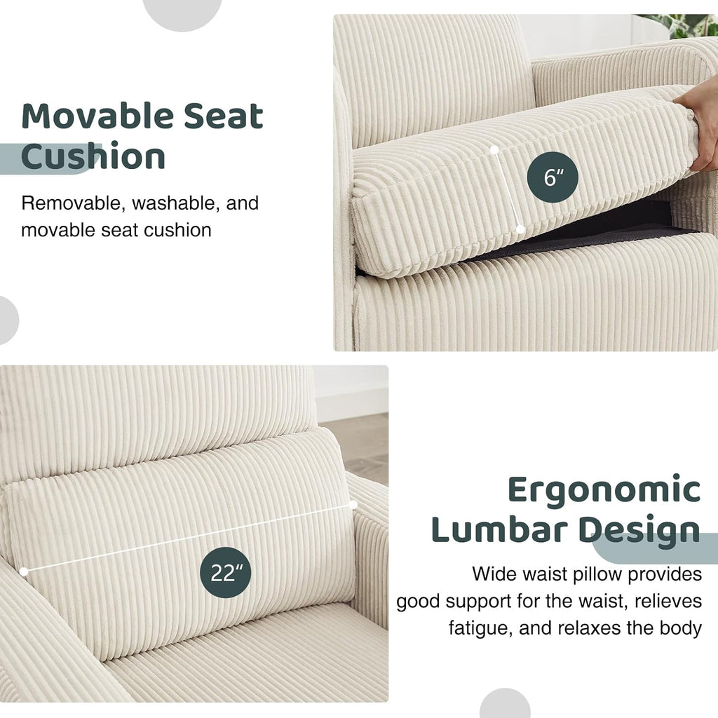 Swivel Rocker Recliner, Oversized Manual Nursery Glider Rocking Recliner Chair with Removable Cushion, Upholstered Corduroy Swivel Reclining Chair for Nursery Living Room Bedroom, Cream White