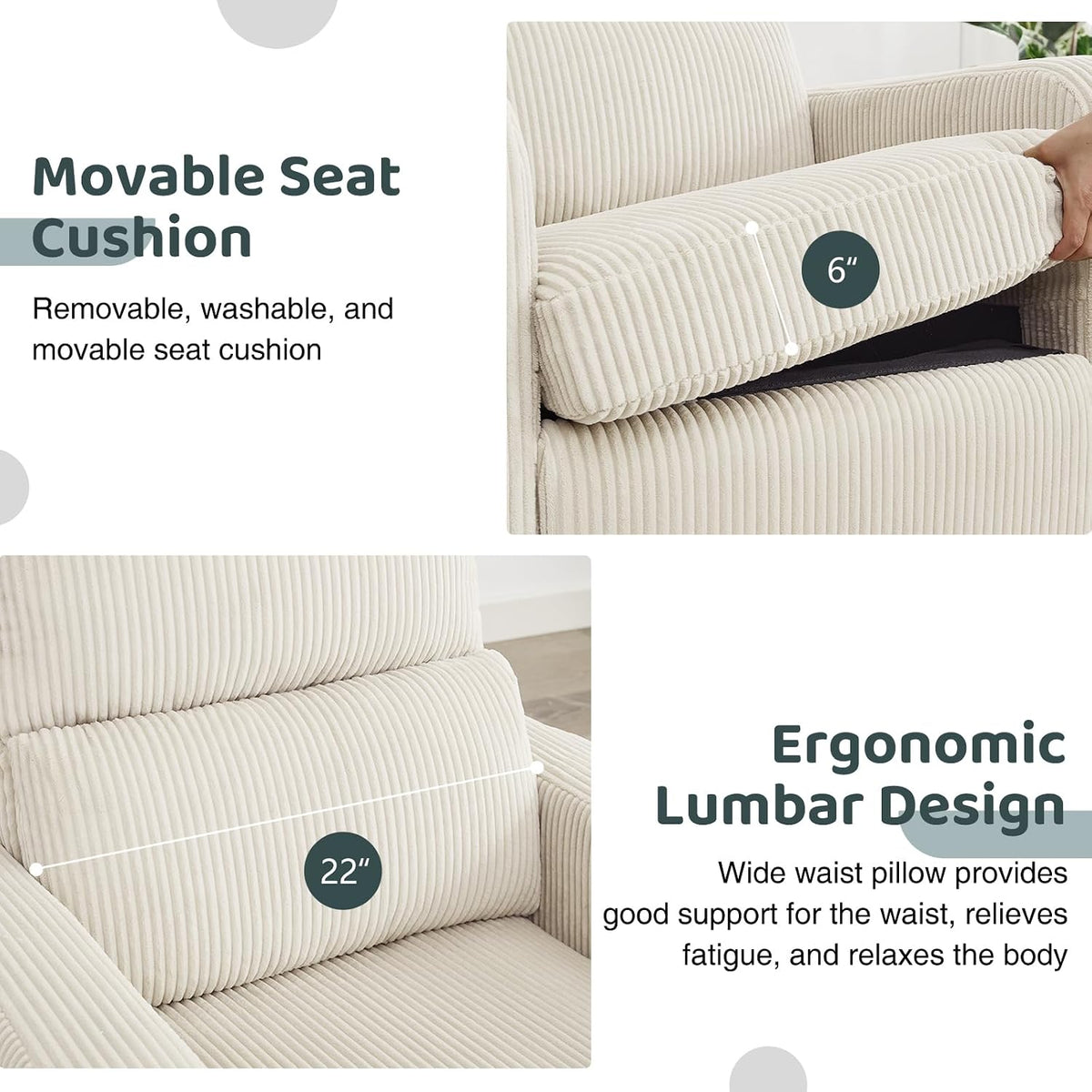 Swivel Rocker Recliner, Oversized Manual Nursery Glider Rocking Recliner Chair with Removable Cushion, Upholstered Corduroy Swivel Reclining Chair for Nursery Living Room Bedroom, Cream White