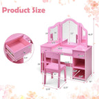 INFANS Kids Vanity, 2 in 1 Princess Makeup Desk and Chair Set with Drawers Tri-Folding Detachable Mirror Large Storage Shelves, Wooden Dressing Table, Pretend Play Vanity Set for Toddler Girls