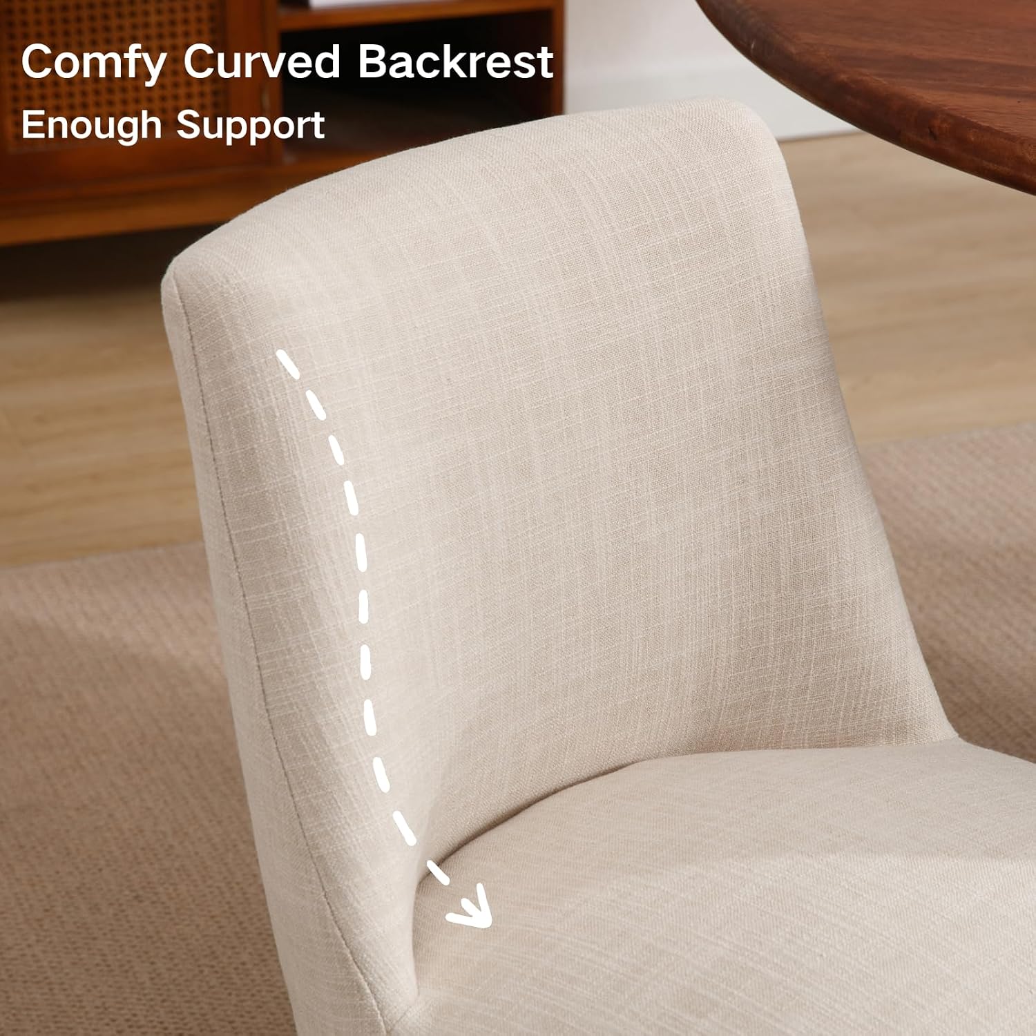 Linen Dining Chairs Set of 2, Upholstered Dining Room Chair with Black Wood Legs, Farmhouse Kitchen Chairs with Mid Back, Comfy Armless Side Chair for Living Room/Restaurant, Beige
