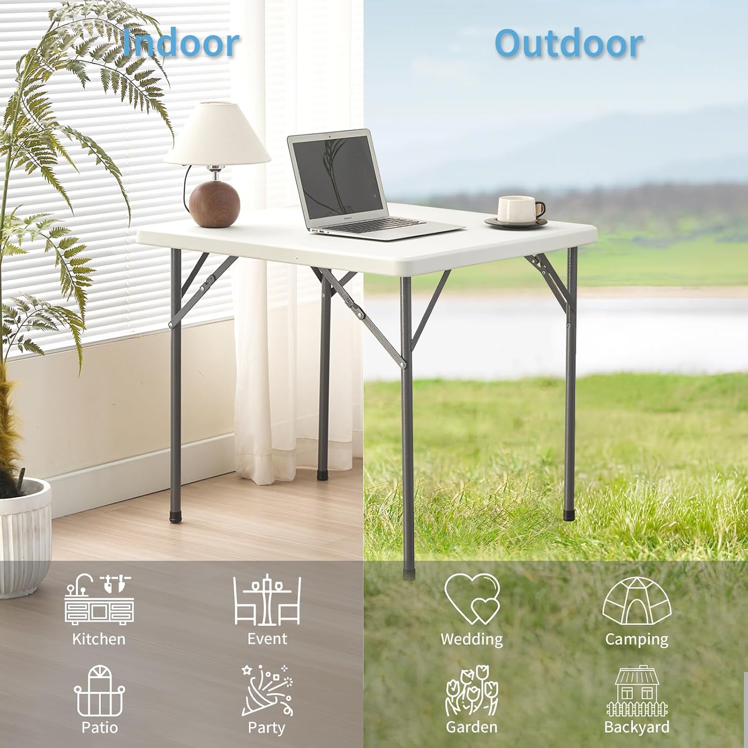 KAIHAOWIN Folding Card Table: Small White Foldable Square Table Plastic with Folding Legs for Outdoor Indoor Small Spaces