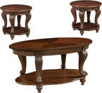 Wood Coffee Table Set for Living Room Round End Tables Set of 2, Antique Coffe Table Legs with Elegant Carvings, Cherry
