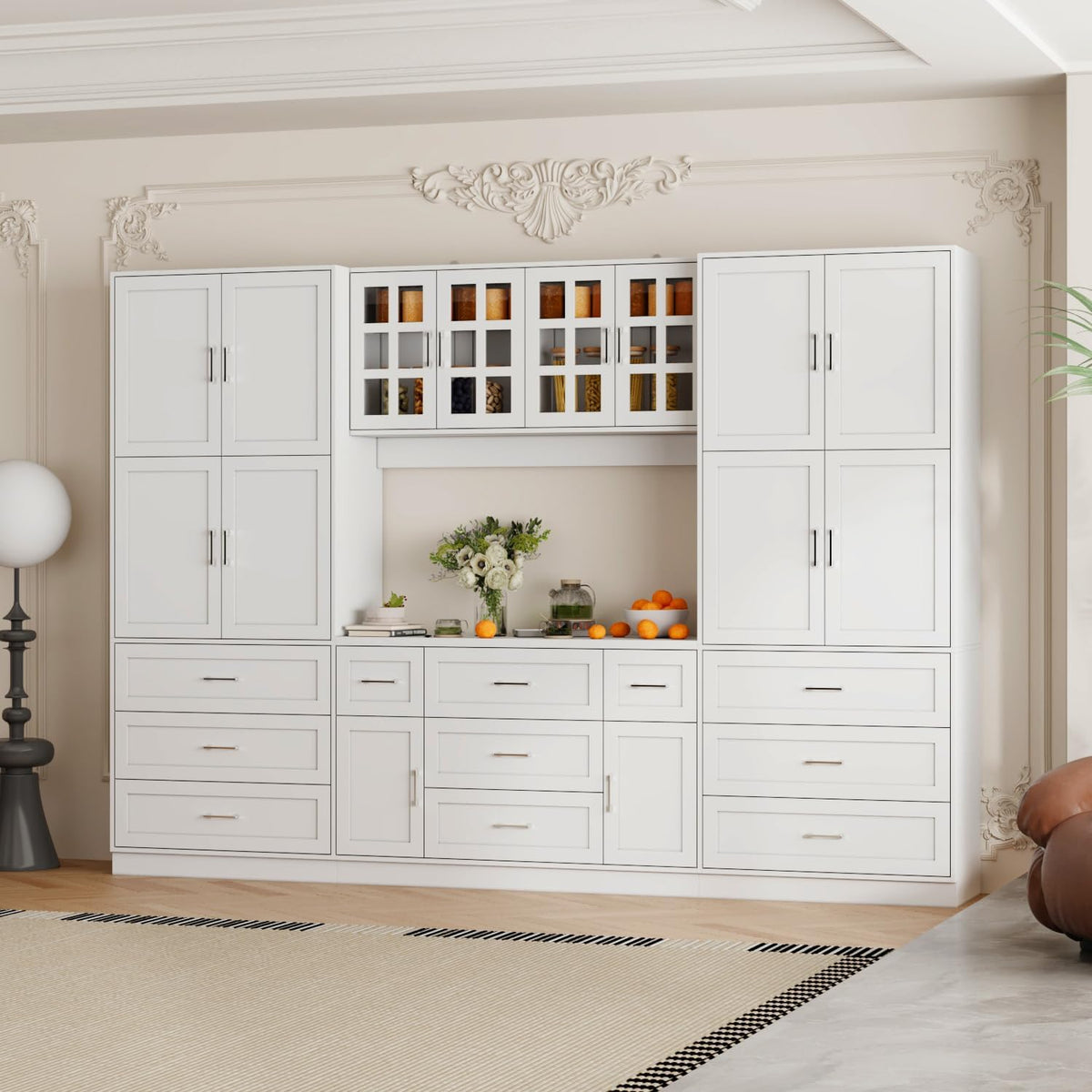 Timechee Cupboard, Kitchen Pantry Storage Cabinet, White Modern Food Pantry Cabinet with 8 Cabinets, 11 Drawers and 4 Display Doors for Living Room, Kitchen(15.7" D x 110.2" W x 78.7" H)