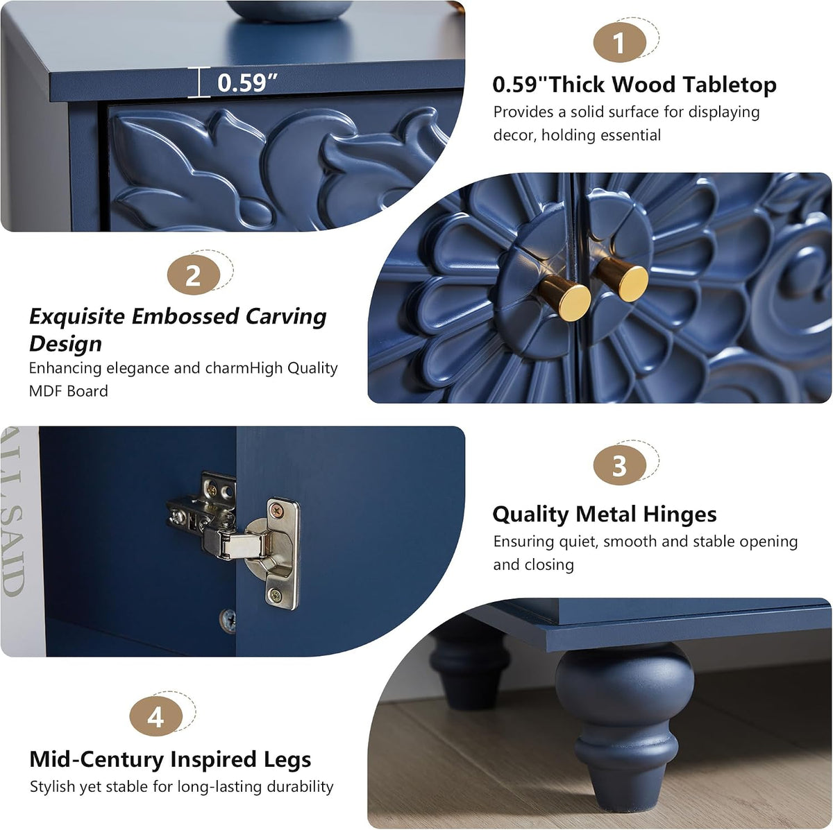 weselon Accent Cabinet with 2 Doors, Luxury Carving Board Storage Sideboard with Adjustable Shelves, Buffet Cabinet Entryway Table for Living Room (Midnight Blue)