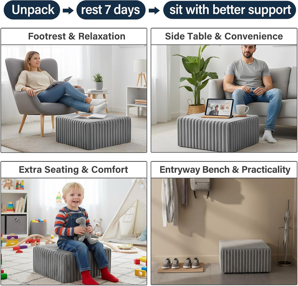 Tiita Square Stuffed Pouf Ottoman, Soft Foot Stool with Solid Foam Block | 21x21x12 Inches Fluffy Floor Pouf Chair & Footrest Cushion for Couch Living Room,Grey