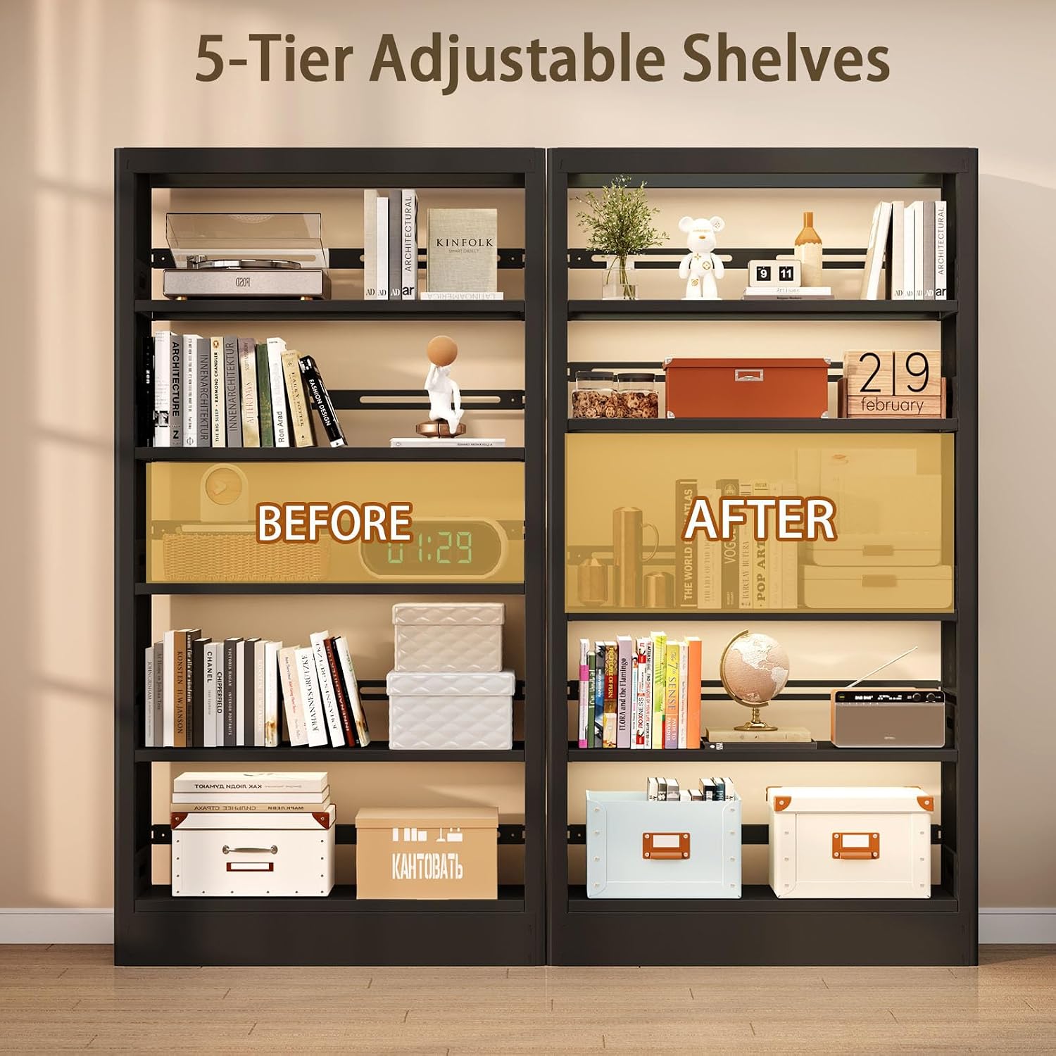 71"H Metal Bookshelf, 5 Tier Bookcase with Adjustable Shelves, Tall Bookcase,Heavy Duty Storage Bookshelves for Library, Office, Bedroom, Living Room, Classroom, Including Book Stopper (Black)