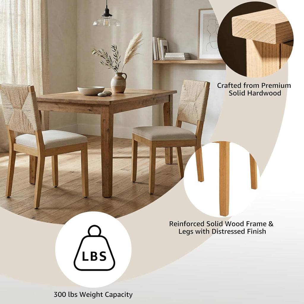 Dining Chairs Set of 4, Modern Farmhouse Dining Room Chairs with Rope Woven Square Back, Linen Upholstered Seat & Solid Wood Frame, Sillas de Comedor, Boho Kitchen & Dining Room Chairs (Beige, 4Pcs)