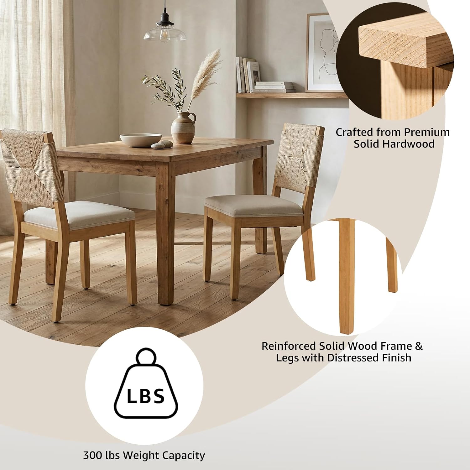 Dining Chairs Set of 4, Modern Farmhouse Dining Room Chairs with Rope Woven Square Back, Linen Upholstered Seat & Solid Wood Frame, Sillas de Comedor, Boho Kitchen & Dining Room Chairs (Beige, 4Pcs)