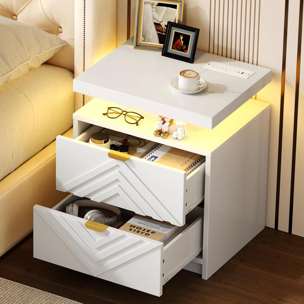 White Nightstand with Charging Station and LED Lights, Smart Night Stand, Modern Bedside Table with Drawers, RGB Lights, Power Outlets, USB and Type-C Ports, End Side Table for Bedroom Office (2)