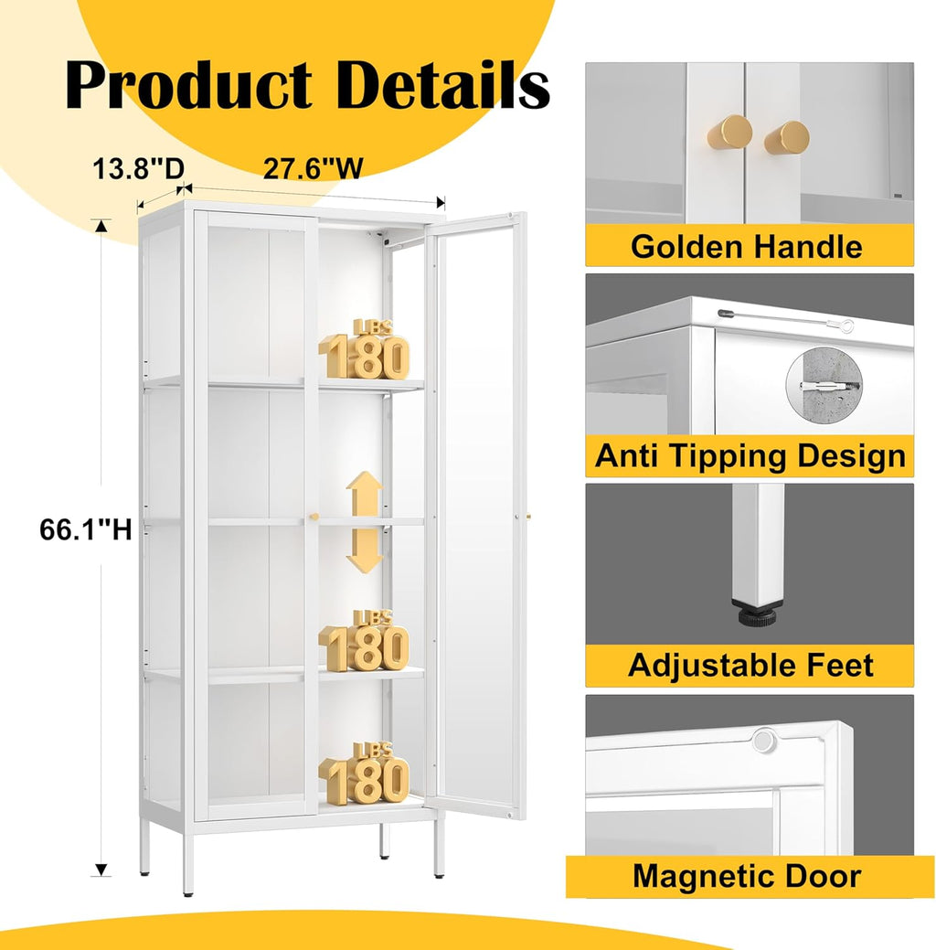SteeLoong 66" Display Cabinet with Tempered Glass,Metal Curio Cabinet with Glass Doors,4-Tier Display Case for Collectibles,Trophy,Plant,White Storage Cabinets for Living Room - Assemble Required