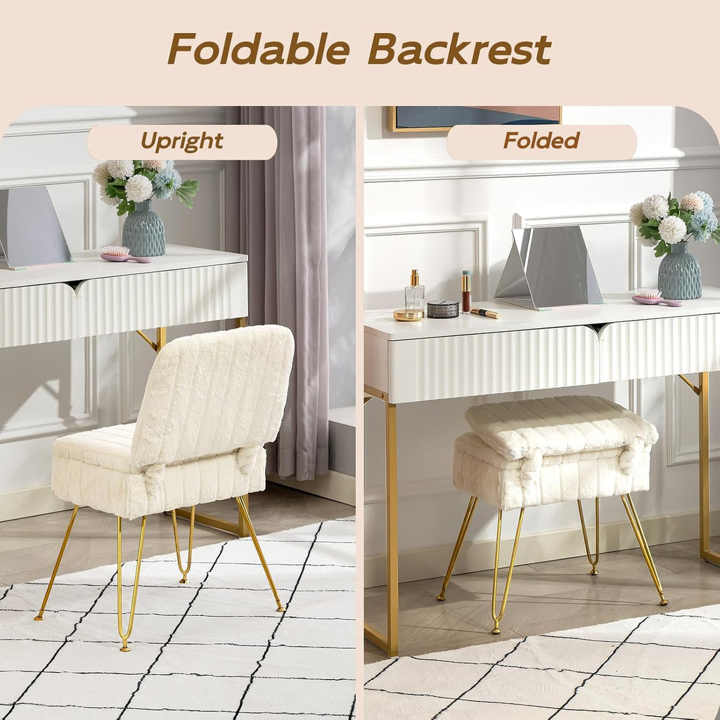 Vanity Chair with Storage | Comfy Ottoman with Folding Back | Faux Fur Vanity Stool with 4 Metal Legs for Make Up | Furry Padded Seat with Anti-Slip Feet for Bedroom Dressing Room | White