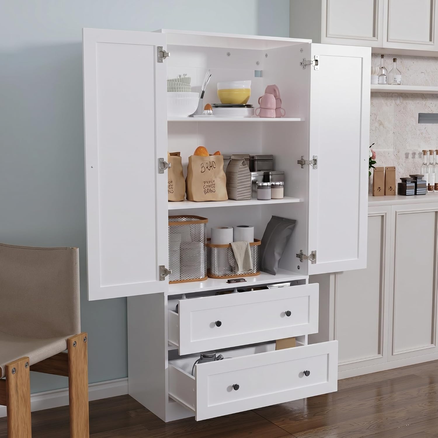 DIYART 64.2" Tall White Kitchen Pantry, Storage Cabinet with Doors and Drawers, Freestanding Wooden Organizer for Kitchen, Dining Room