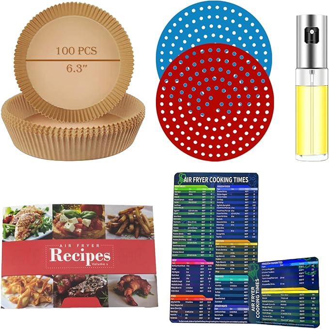 5 in 1 Accessories Kit for Air Fryer: Oil-proof Paper Liner, Silicone Liners, Oil Sprayer, Magnetic Cheat Sheet Set, Cookbook
