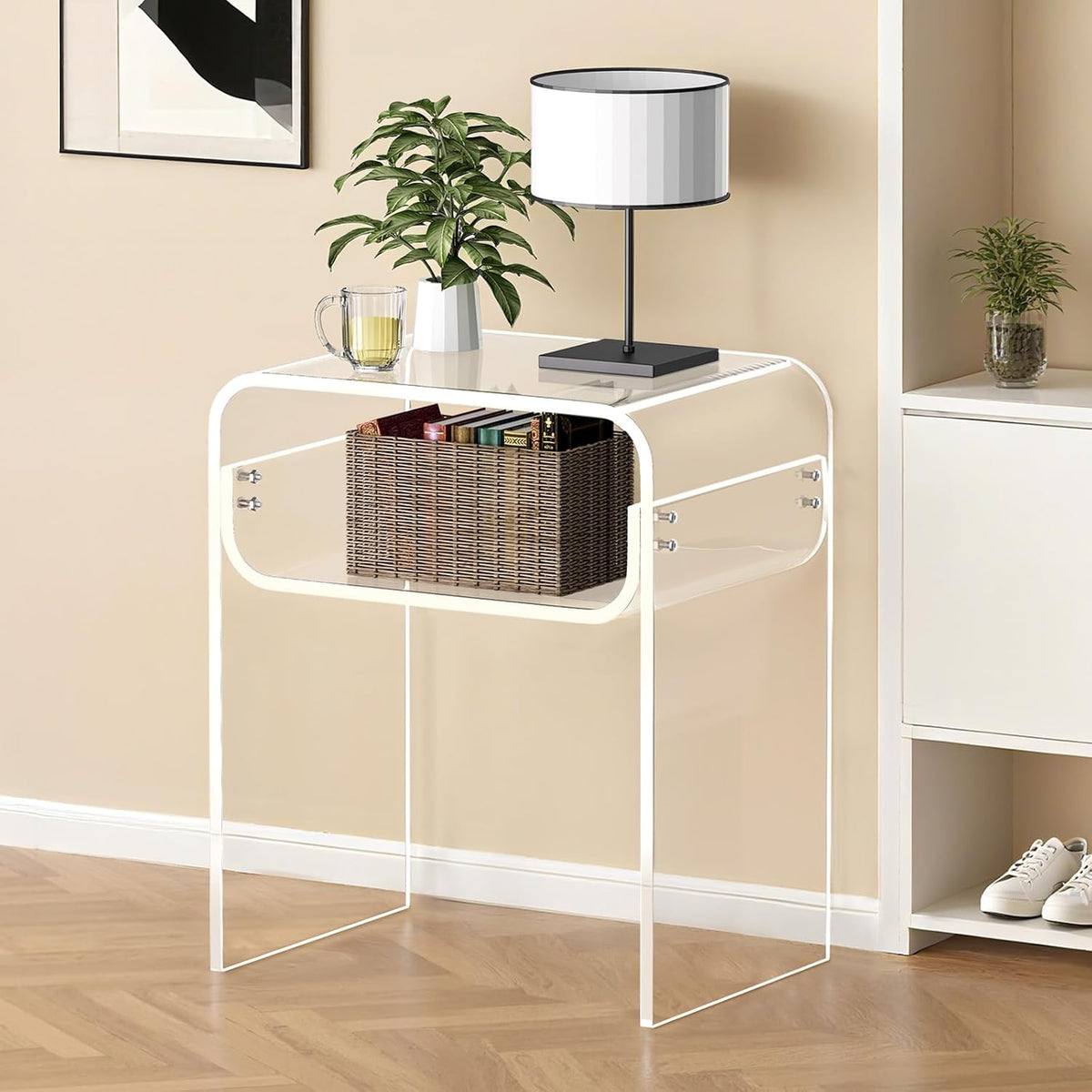 VEVOR Acrylic Side Table, 2-Tier Clear End Table with Storage Shelf, Modern Transparent Bedside Nightstand Lucite Desk for Bedroom, Living Room, Home Decor, 11.8" D x 15.7" W x 19.7" H