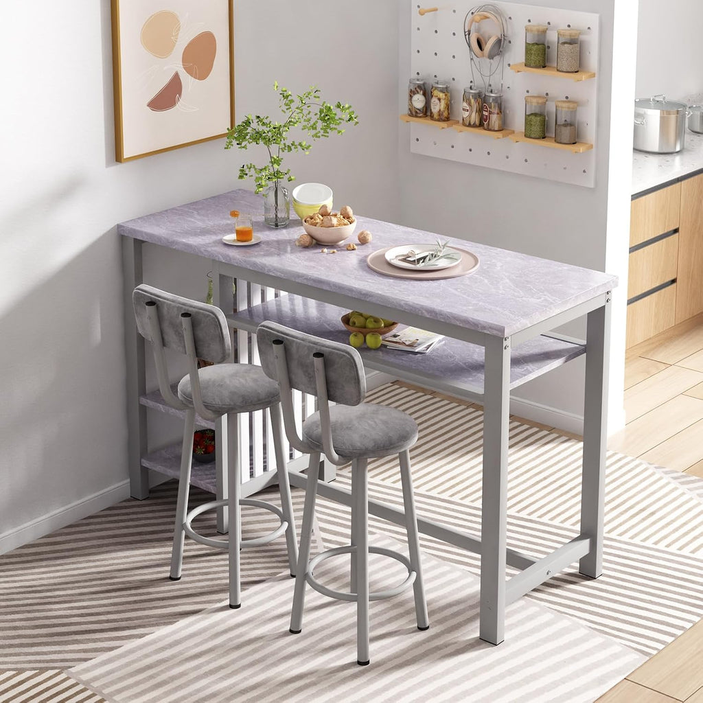 Lamerge Furniture Kitchen Bar Height Table and Chairs for 2, 5-Tier Compact Dining Room Table, Gray Top and 2 PU Leather Upholstered Seat Black Frame, Modern Dining Set for Home & Office