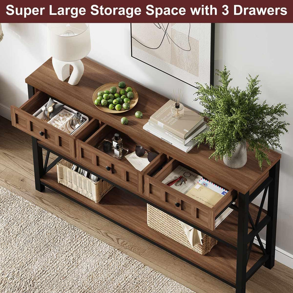 FATORRI Console Table for Entryway, Farmhouse Sofa Table with 3 Drawers for Living Room, Wood and Metal Hallway Tables with Storage and Couch Tables Behind Sofa (54.72 Inch Long, Medium Walnut)