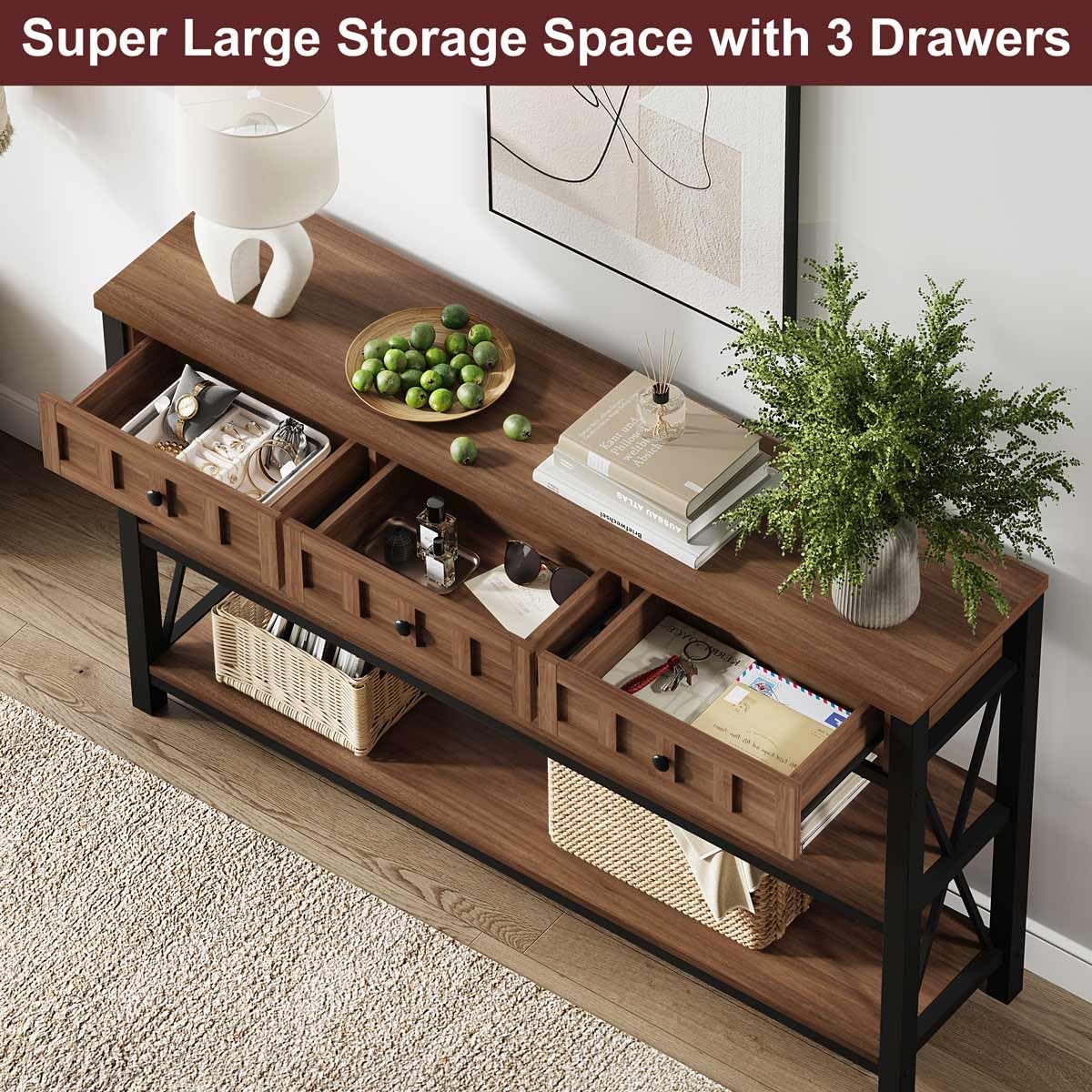 FATORRI Console Table for Entryway, Farmhouse Sofa Table with 3 Drawers for Living Room, Wood and Metal Hallway Tables with Storage and Couch Tables Behind Sofa (54.72 Inch Long, Medium Walnut)