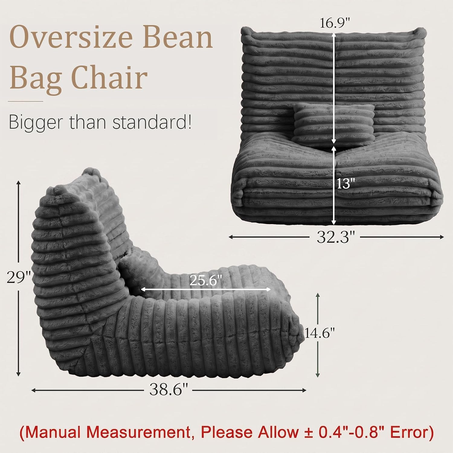 Bean Bag Chair for Adults, Giant Memory Foam Floor Sofa with Lumbar Pillow, Oversized Corduroy Beanbag Couch, Comfy Lounge Chair for Living Room, Bedroom, Apartment, Reading, Gaming, Gray