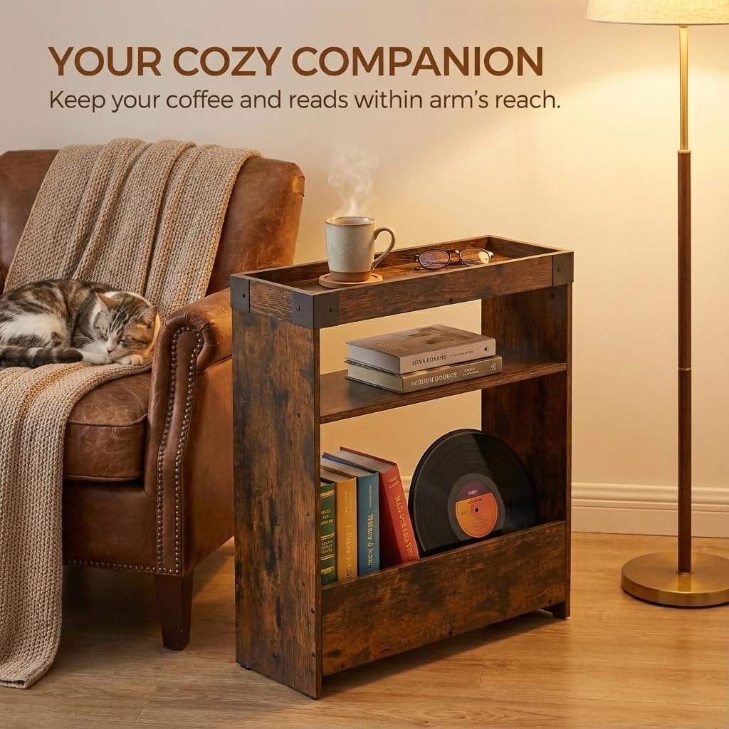 Farmhouse Narrow Side Table with Tray Top & Magazine Rack, Sofa Couch Side Table with Storage Shelf, Slim End Table for Small Spaces, Modern Nightstand for Bedroom, Living Room (Rustic Brown)