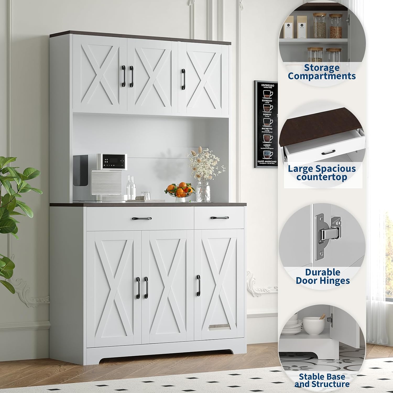 GarveeHome Farmhouse Kitchen Pantry Cabinet, 71" Tall Storage Cabinet with Charging Station, White Kitchen Hutch with Microwave Stand & Storage Drawers for Living Room, Dining Room