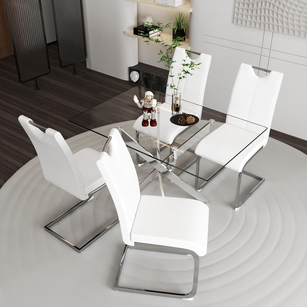 Off-White Dining Chairs Set of 4, Modern High Back with Faux Leather Padded Kitchen Chair for Dining Room, Kitchen (4, White with Silver Hoop Leg)