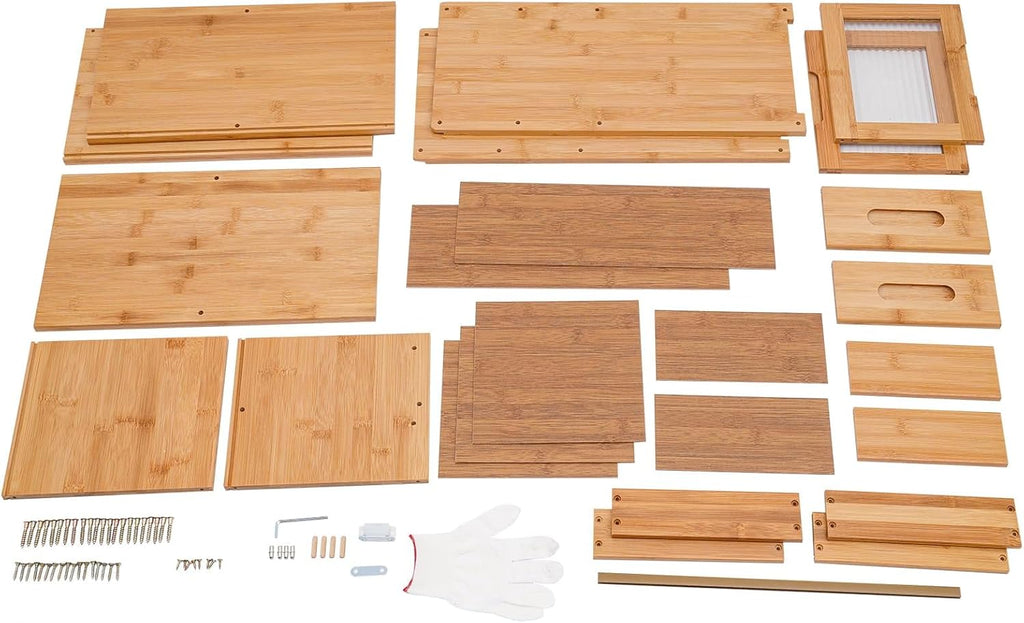 Countertop Bamboo Kitchen Pantry, 16.5*9*18.9in, Freestanding Sideboard with 2 Drawers and Clear Doors, Large Capacity Storage Cabinet for Home Kitchen Dining Living Room, Natural Wood Color