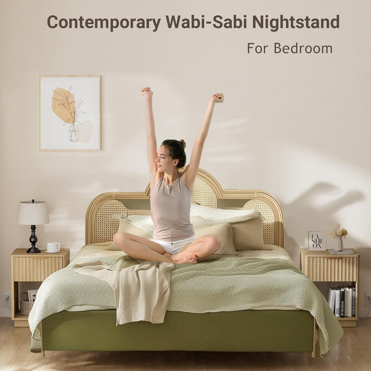 18" Modern Fluted Nightstand Set of 2 with Charging, Natural Oak | Bedroom, Sofa, Home Office, FSC-Certified MDF, Curved Corner, Metal Handle, Open Shelf, Night Stand, End Table, Bedside Table