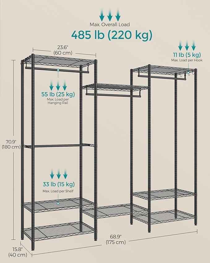 SONGMICS Portable Wardrobe Closet Heavy Duty Clothes Rack, Freestanding Closet Organizer,15.8 x 68.9 x 70.9 inches,Metal Garment Rack with Adjustable Wire Shelves, Dividable, Ink Black ULGR431B01