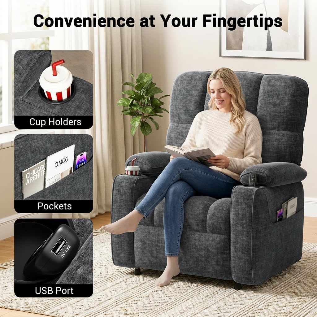 Pipishell Power Recliner Chair for Adults, One-Touch Synchronized Reclining, Oeko-TEX Chenille Fabric Electric Recliner with Remote USB Ports, Cup Holder & Side Pockets, for Living Room & Bedroom